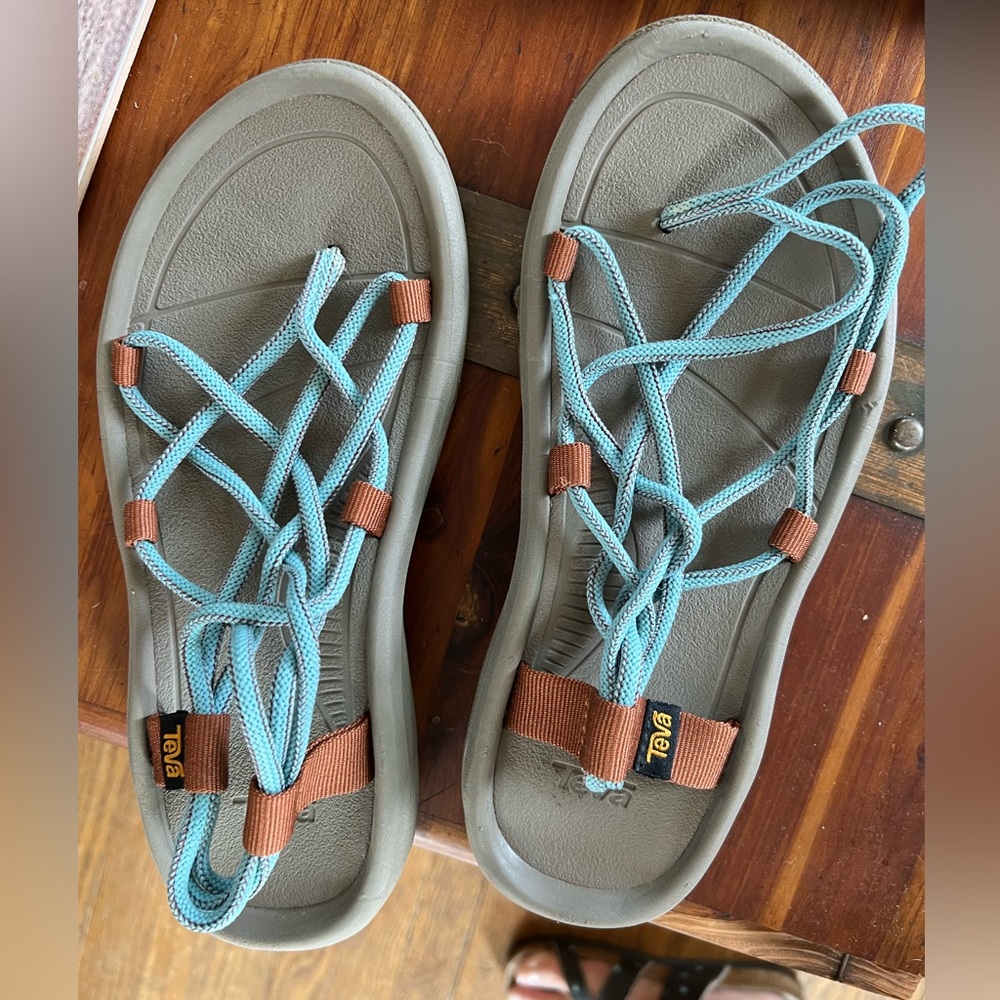 Teva Sandals with Light Blue Straps and Brown Accents